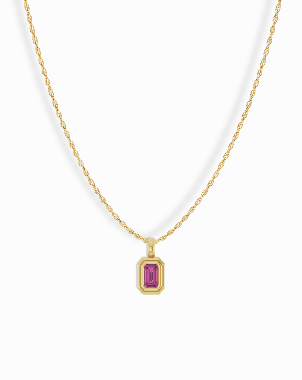 14k Birthstone Pendant Necklace featuring an emerald-cut pink gemstone pendant in a rectangular gold setting.