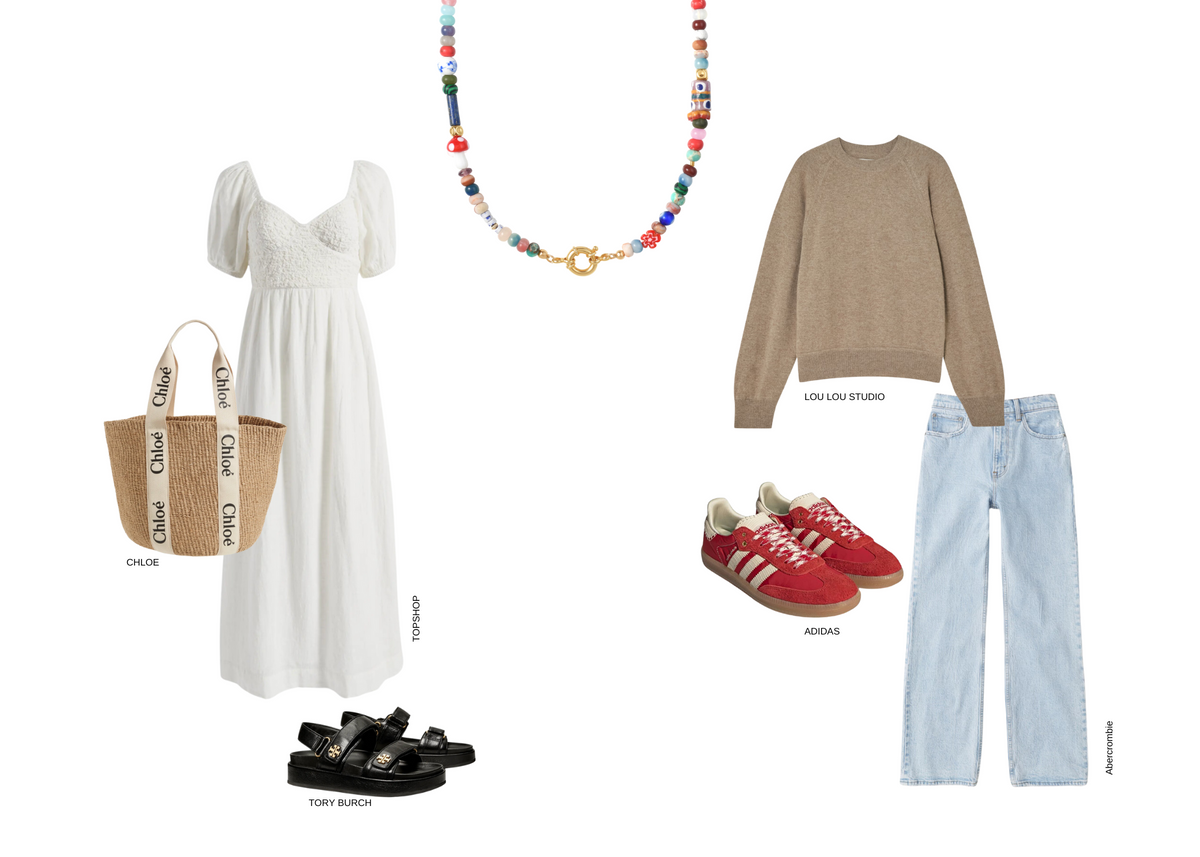A white puff-sleeve dress, black sandals, and a Chloé tote bag on the left; a colorful beaded necklace in the center; a tan sweater, light blue jeans, and red Adidas sneakers on the right.