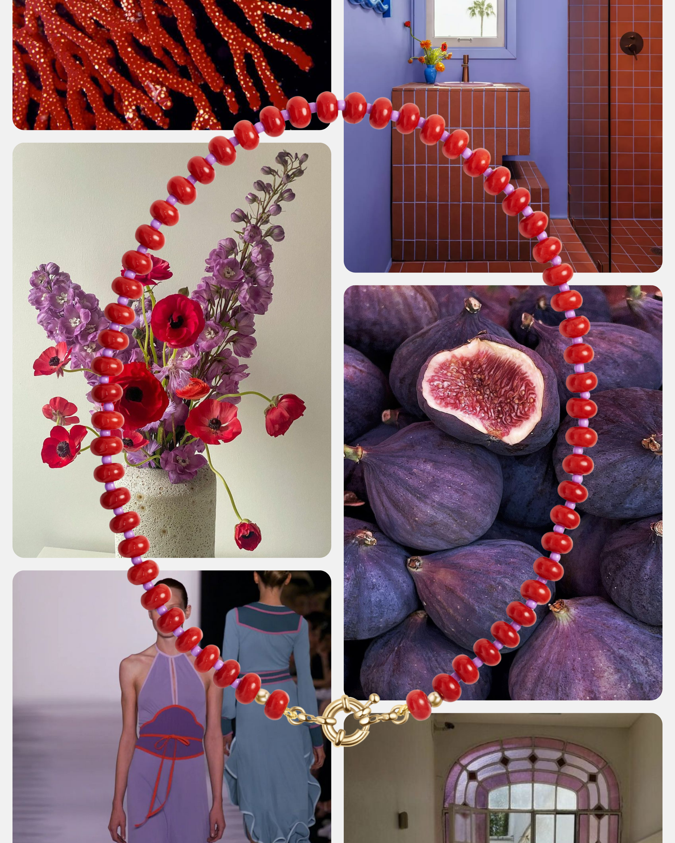 A collage featuring red coral, a purple tiled bathroom, purple flowers in a vase, fresh figs, a model in a purple dress with red accents, and an arched window, overlaid with the Mod + Jo Macey Gemstone Necklace crafted from natural semi-precious stones.