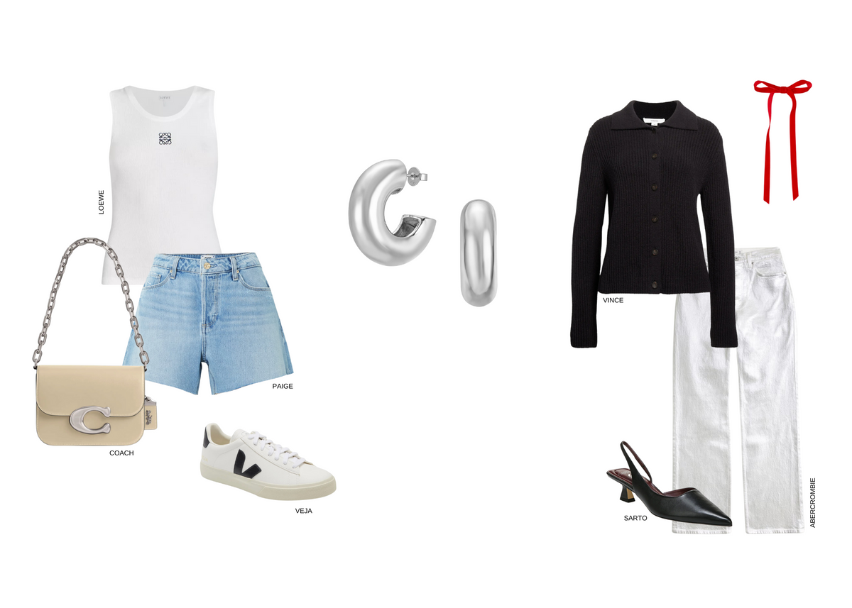 A side-by-side outfit comparison: On the left, a white tank, light denim shorts, white sneakers, a beige shoulder bag, and silver hoops. On the right, a black cardigan, metallic pants, black heels, and a red ribbon accessory.