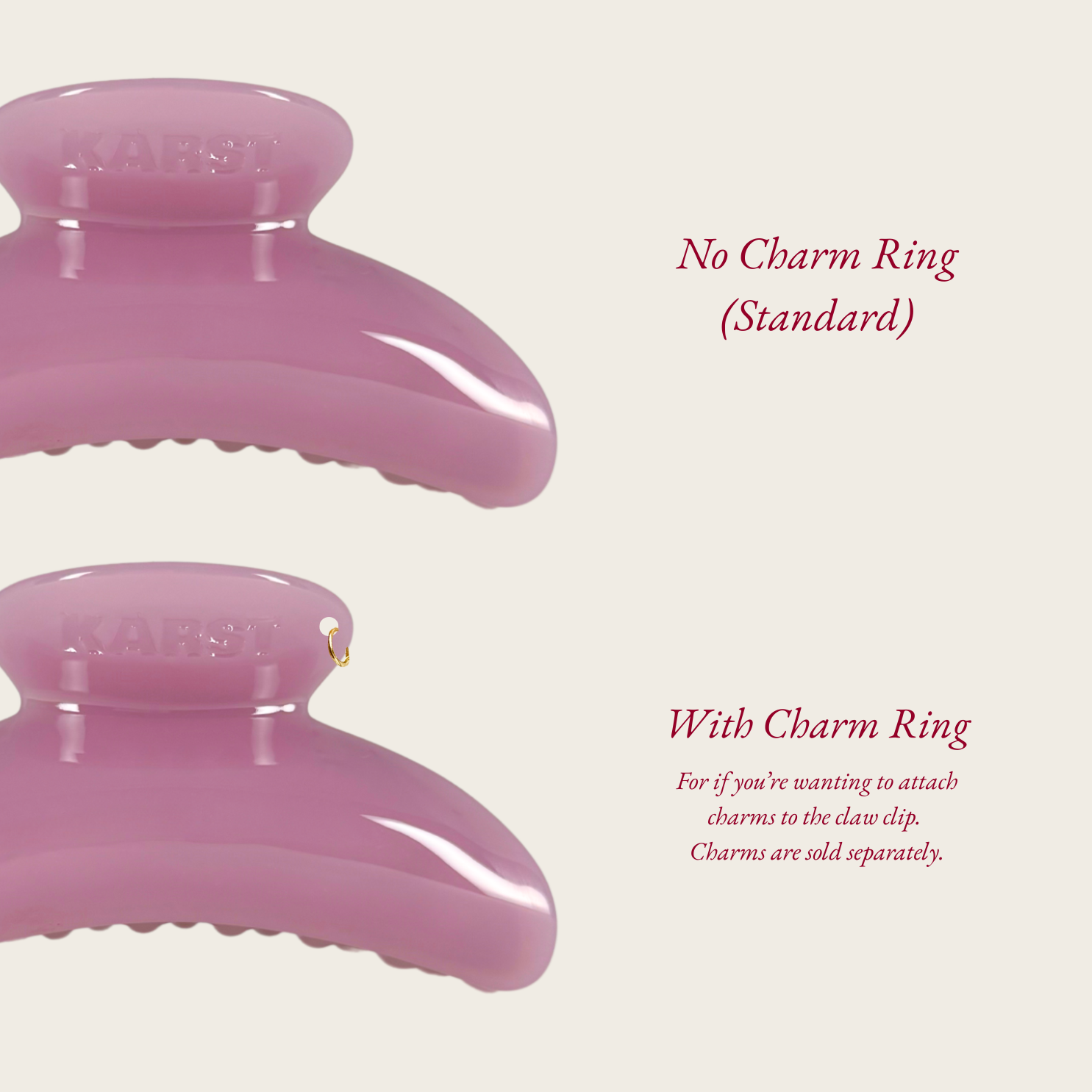 Two pink SuperClip Hair Claws by Karst Essentials are shown: the top is the Mist (Standard) with no charm eyelet, while the bottom features a gold ring for attaching charms. Text highlights the cellulose acetate clip differences.