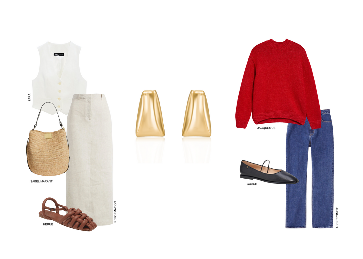 Two outfit flatlays: Left has a sleeveless white top, beige skirt, straw bag, brown sandals, and gold earrings. Right has a red sweater, blue jeans, black flats, and the same gold earrings. Brand names are labeled.