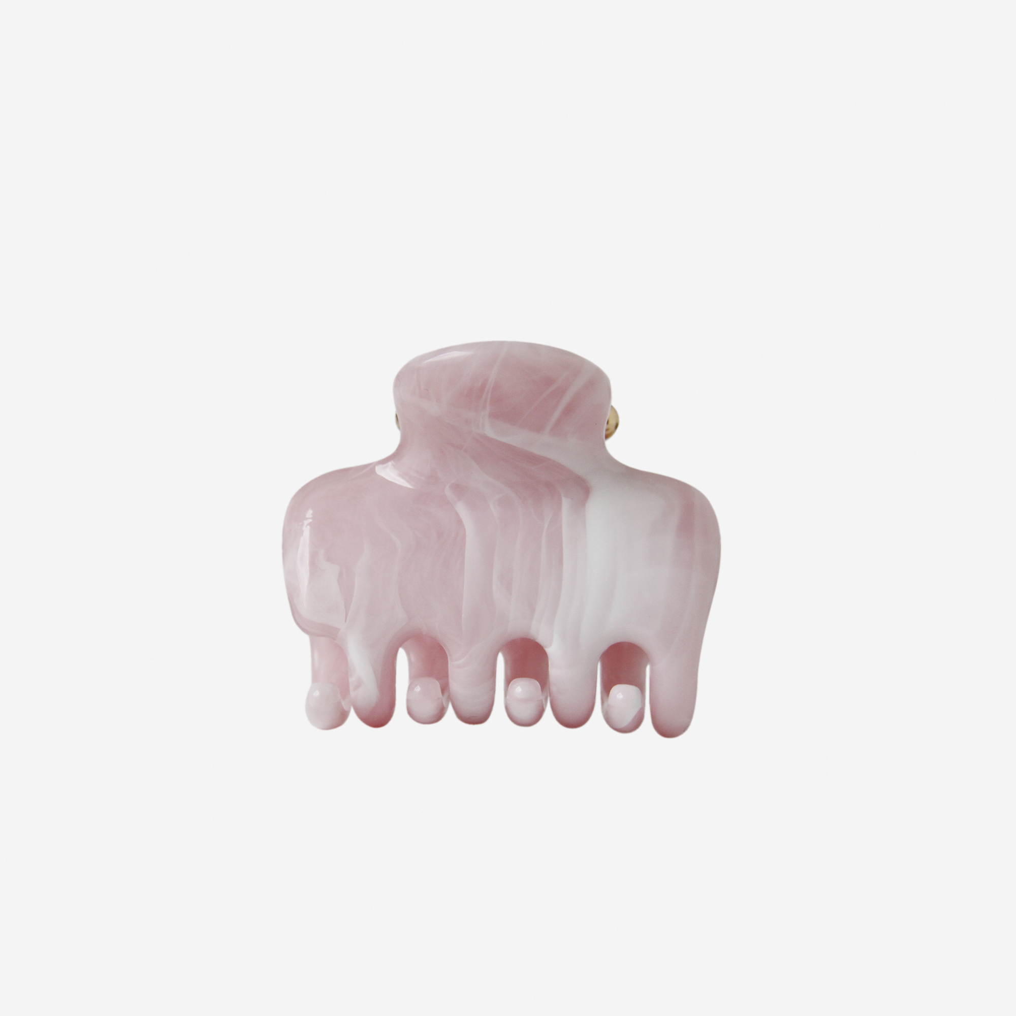 A BRAID & BOW Medium Pink Swirl Hair Claw, showcasing a pink and white marble pattern with rounded tips, is centrally positioned on a plain white background. This elegant accessory adds a stylish accent to any ensemble.