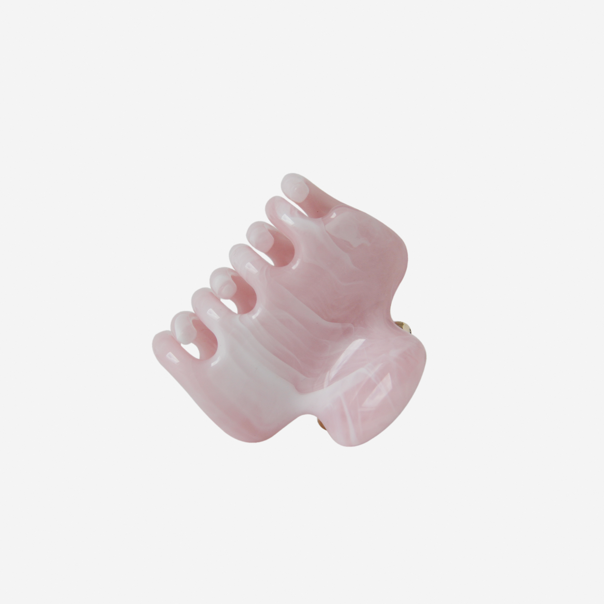 A pink, marbled hair claw clip with curved prongs is displayed on a white background, highlighting the elegant design of the BRAID & BOW Medium Pink Swirl Hair Claw. This stylish accessory from BRAID & BOW effortlessly adds a pop of color to any look.