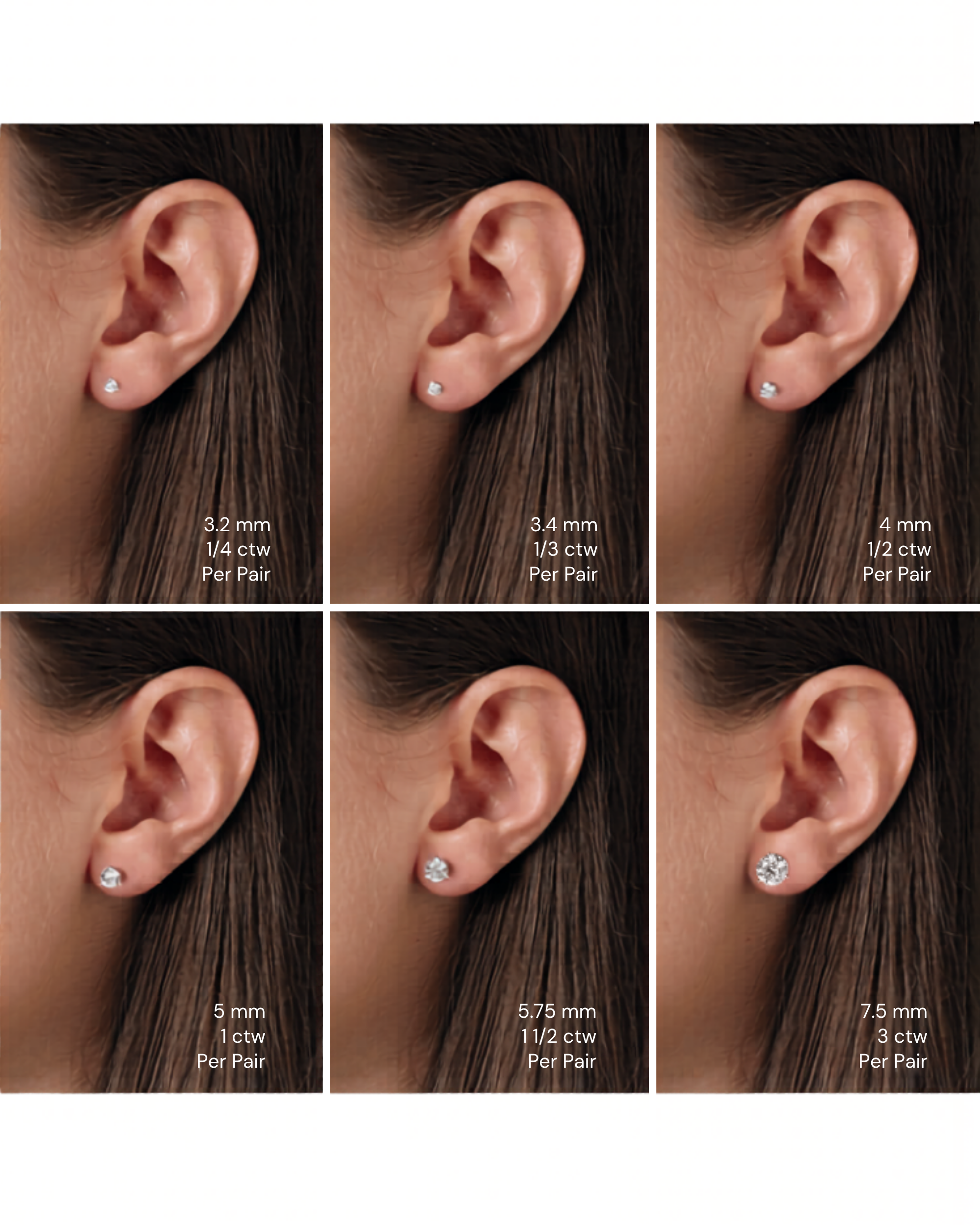 Six side-by-side images display a person’s ear wearing Mod + Jo 14k Diamond Stud Earrings in round cuts, with sizes from 3.2 mm (1/4 ctw) to 7.5 mm (3 ctw), each labeled by size and carat weight below the earring.