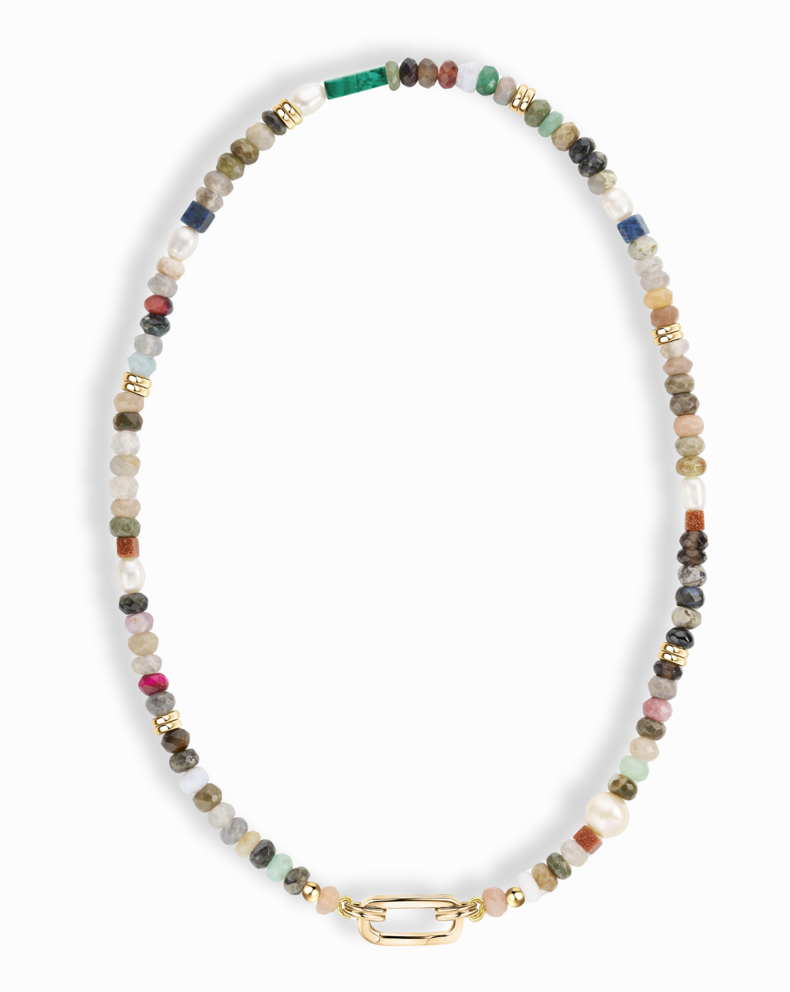 The Andy Gemstone Necklace by Mod + Jo showcases multicolored genuine stones and gold spacer beads, finished with a gold clasp and a single pearl near the clasp for an elegant touch.
