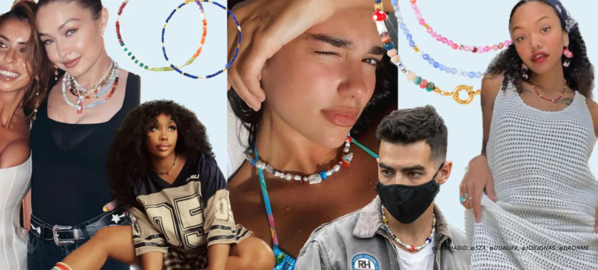 A collage of people wearing colorful beaded necklaces; includes individuals posing solo or in groups, some smiling or winking, with necklaces in various bright colors and styles shown both on people and as standalone items in the background.
