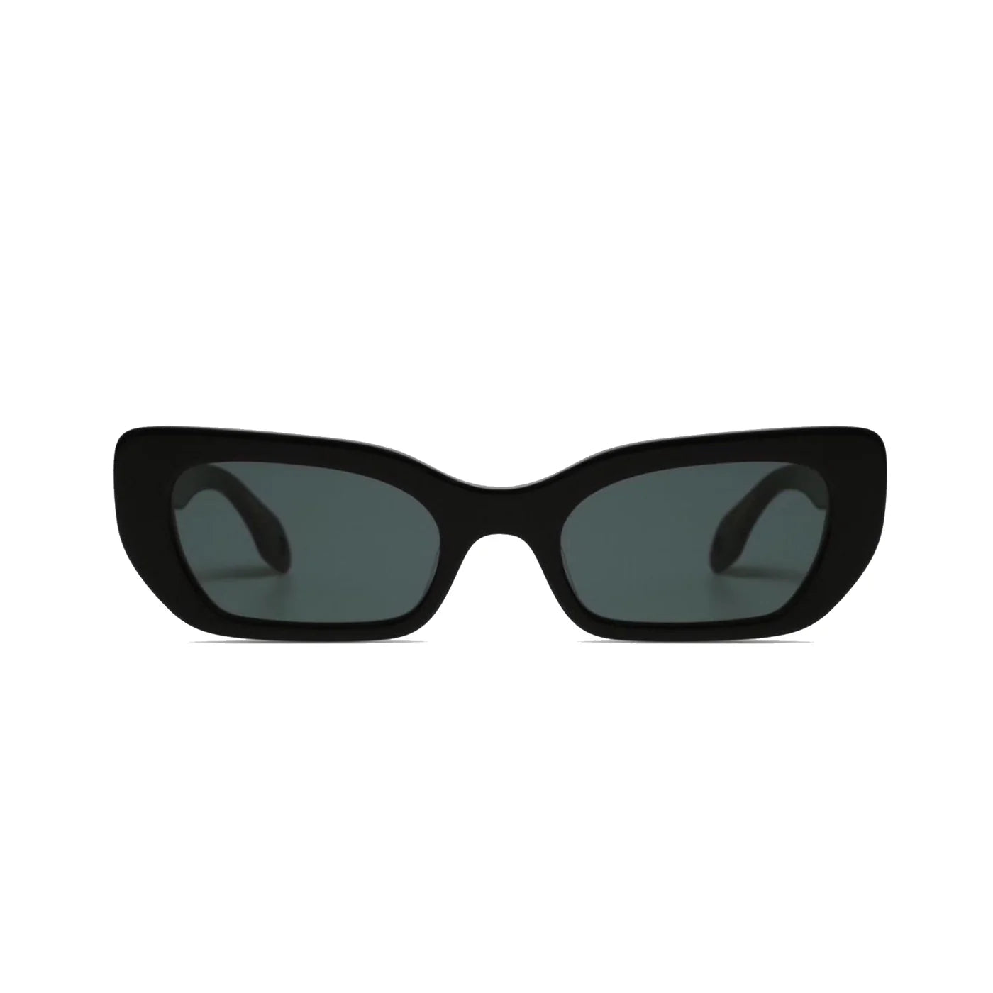 Cookie Sunglasses by Elisa Johnson: black, rectangular cat-eye shades with thick acetate frames and UV400 dark lenses, shown on a white background.
