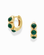The *Preorder* Corynn Gemstone Huggies by Mod + Jo are gold hoop earrings with 18k plating, each adorned with three vertically-set round green stones, shown on a white background.
