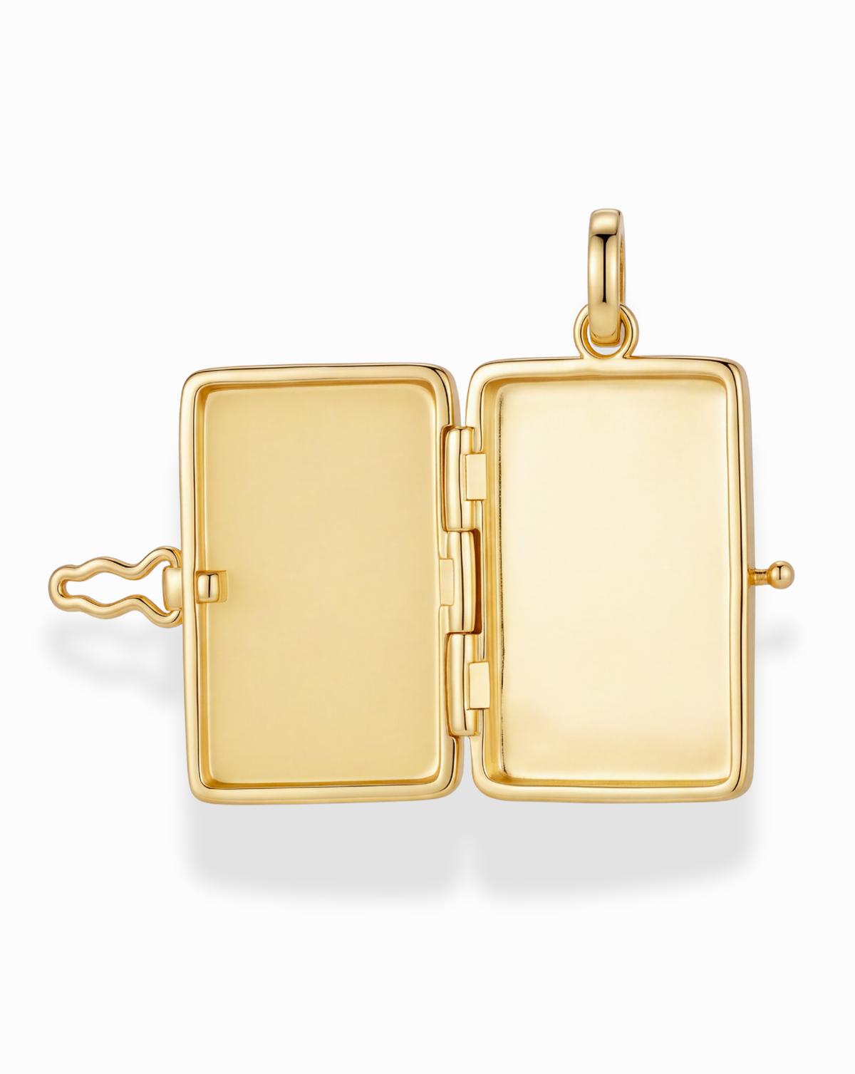 Open gold-plated rectangular Delphine Locket Charm with a hinged center and a decorative cubic zirconia clasp.