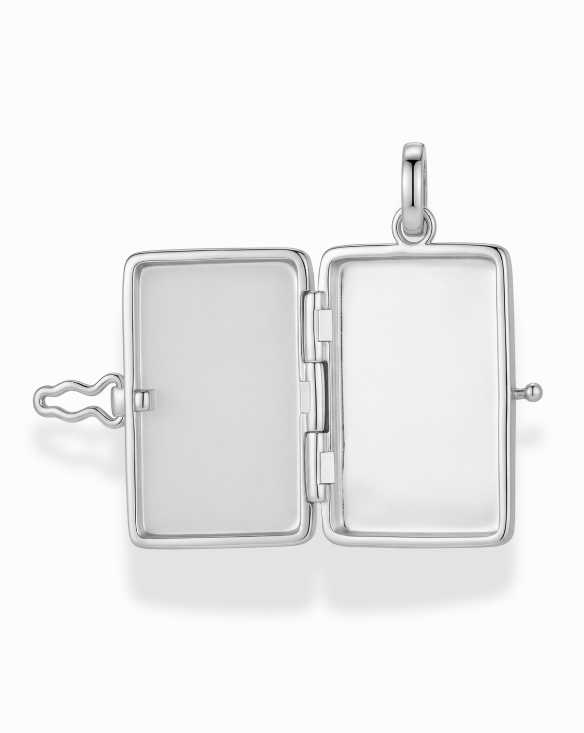 Open silver-plated rectangular Delphine Locket Charm revealing two blank interior compartments and a top loop.