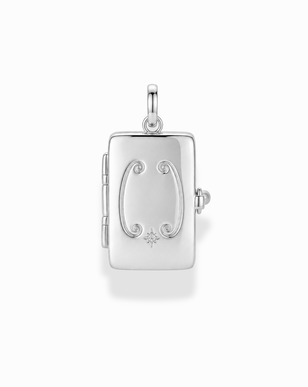 Delphine Locket Charm, a rectangular silver-plated charm featuring engraved scrollwork and a small central star-set stone.