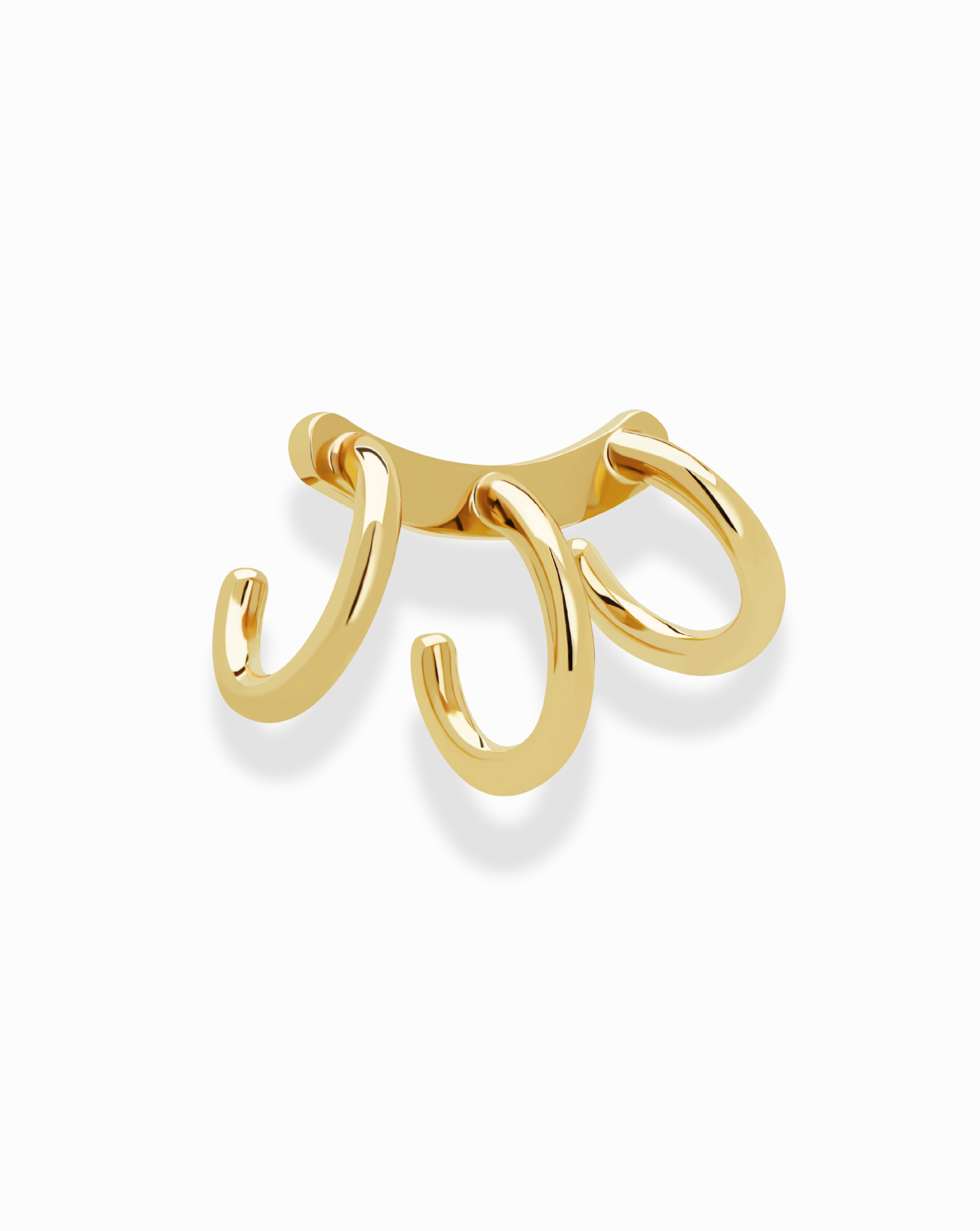 The *Preorder* Eli Tripple Helix Ear Cuff by Mod + Jo features three open, curved loops in shiny 18k gold. This no-piercing ear cuff adds a stylish touch without the need for holes, shown against a white background.