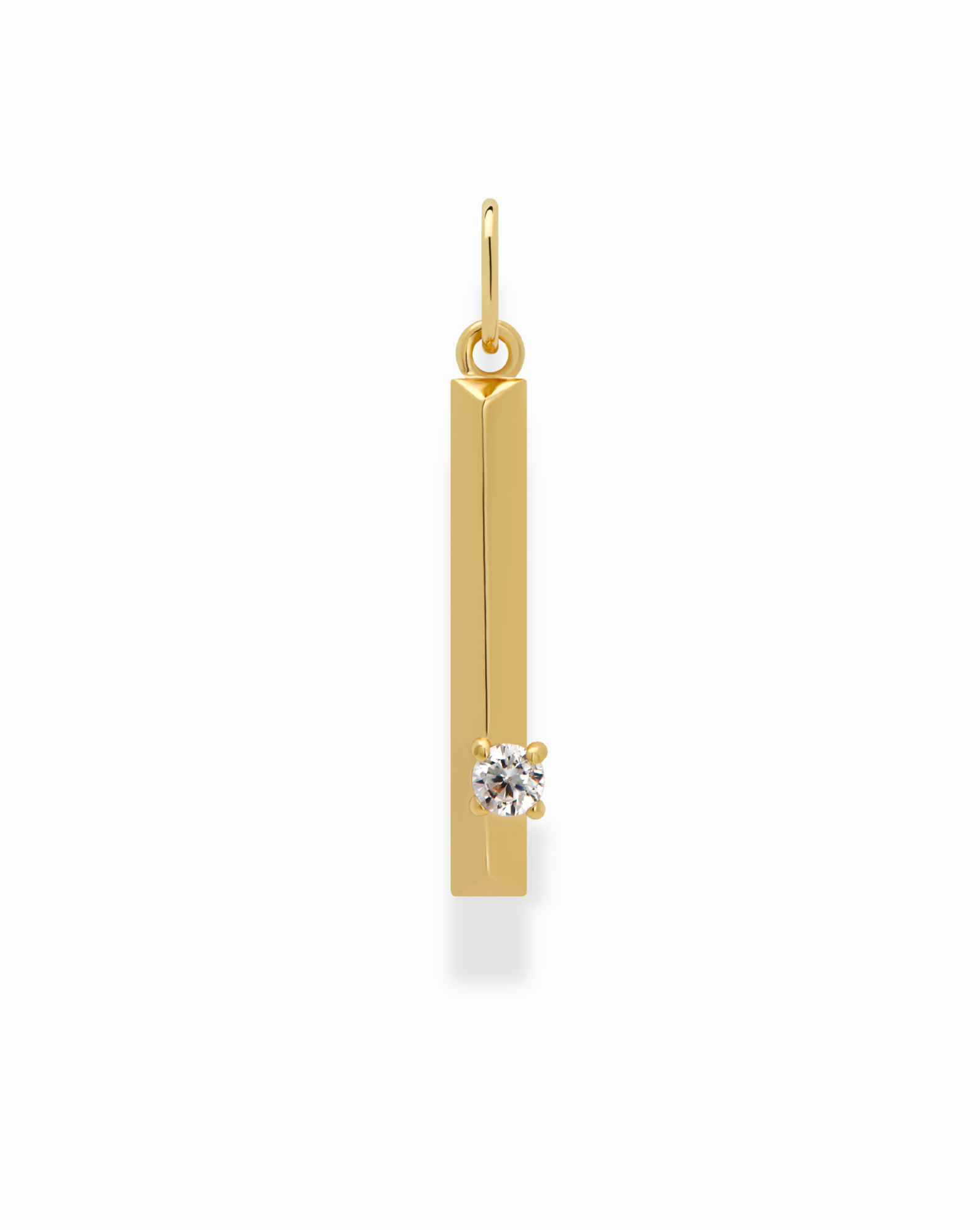 The Eloise Letter Charm by Mod + Jo is a gold vertical bar pendant with a small round diamond and polished finish—perfect for adding to your necklace for a personalized touch.