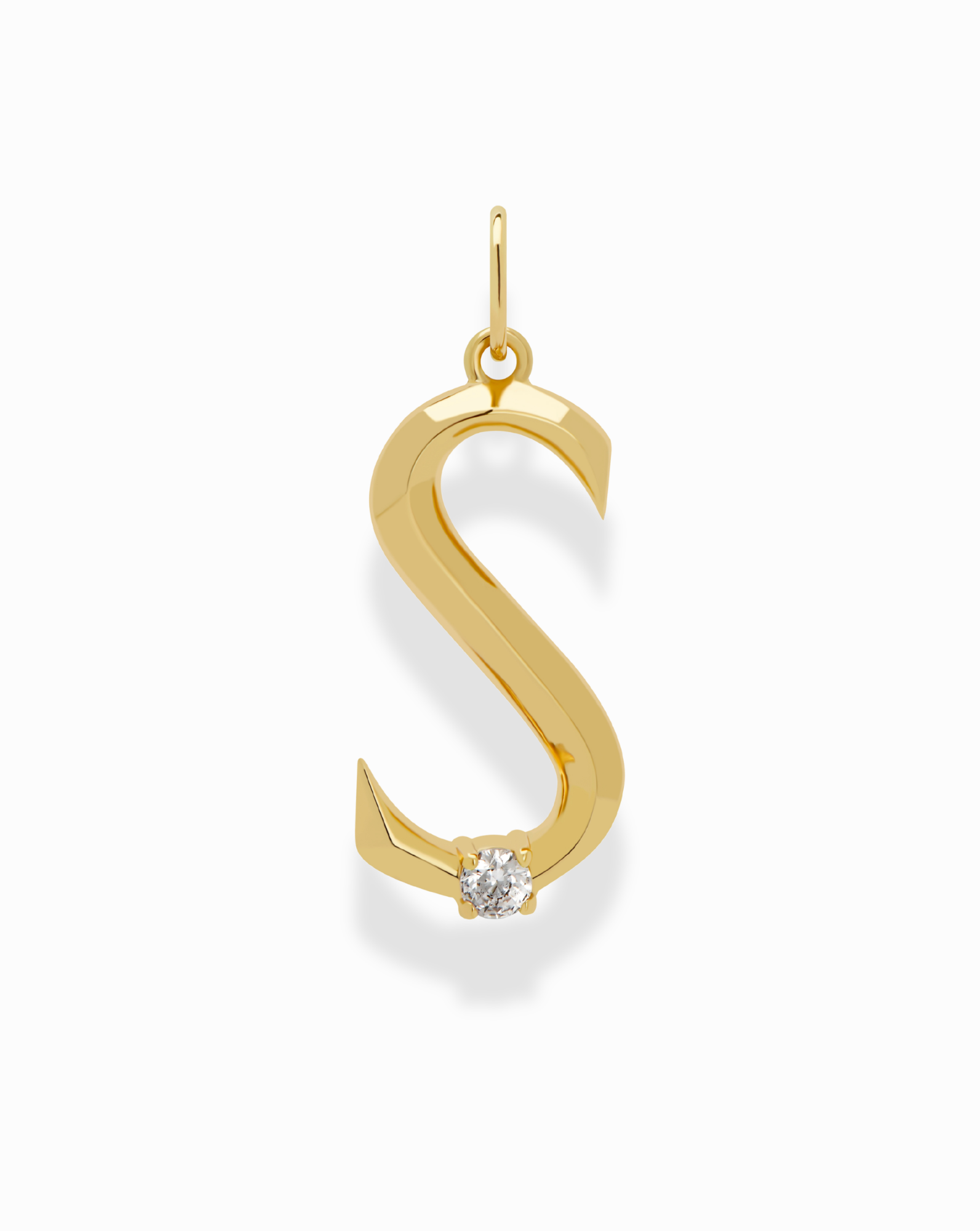 The Eloise Letter Charm by Mod + Jo features a gold S-shaped pendant with a small round diamond on the lower curve, creating an elegant personalized necklace. Shown against a white background.