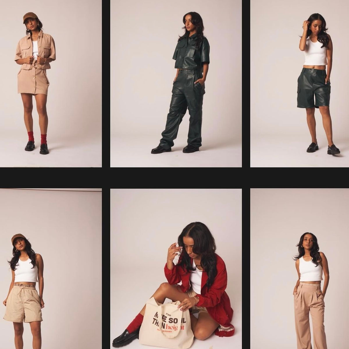 A woman models six different outfits, including shorts, pants, skirts, shirts, and jackets in neutral and dark tones, with casual accessories like hats and tote bags, against a plain light background.