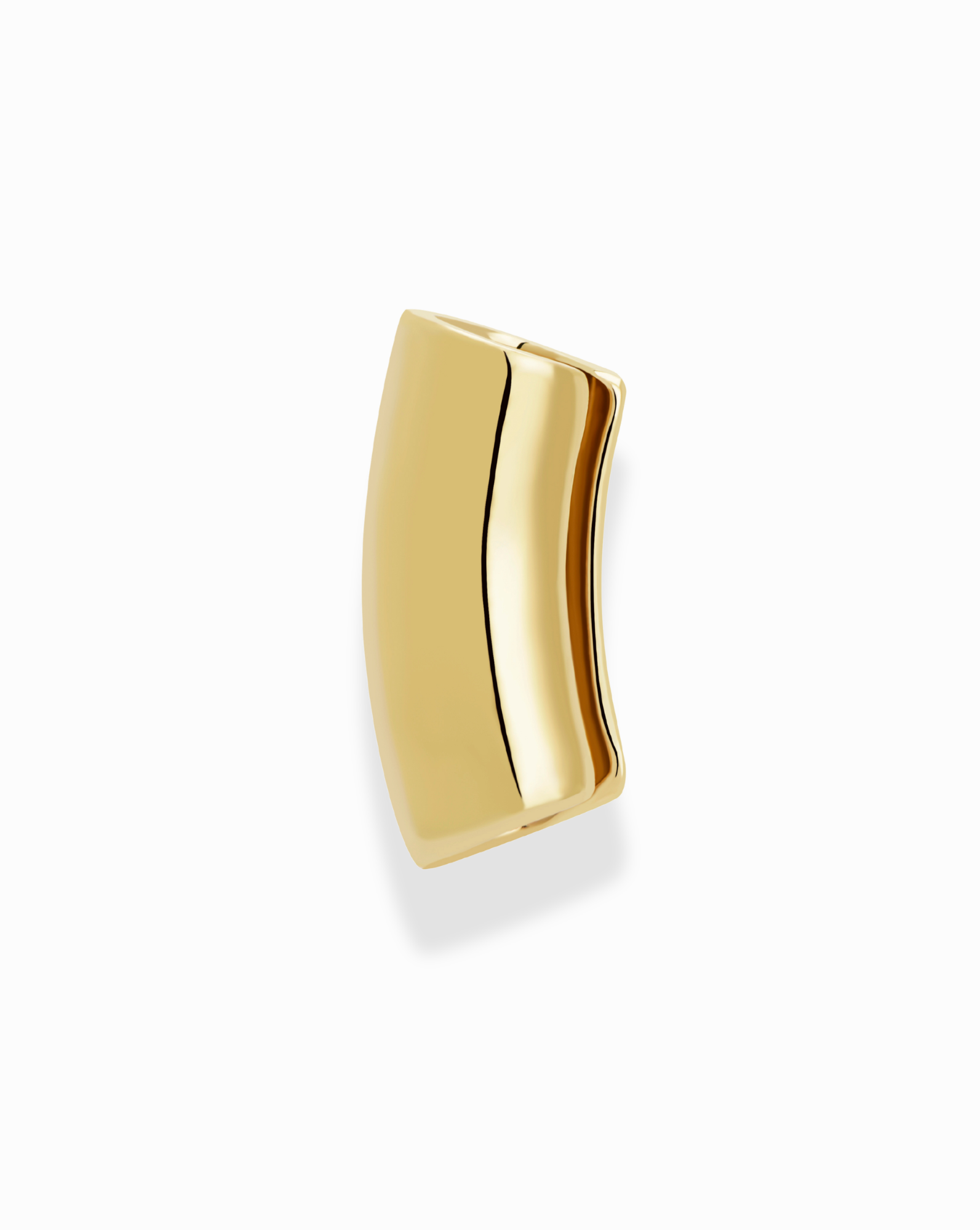 The *Preorder* Lennon Tube Helix Ear Cuff by Mod + Jo is a curved, rectangular 18k gold accessory with a smooth, polished finish—an elegant piece of minimalist jewelry casting a soft shadow on a white background.