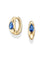 The Mod + Jo Tally Pear Huggie Hoops are gold-plated, nickel-free earrings featuring teardrop-shaped blue CZ gemstones set at the center. Shown against a white background, one earring is displayed from the front and the other from a side angle.