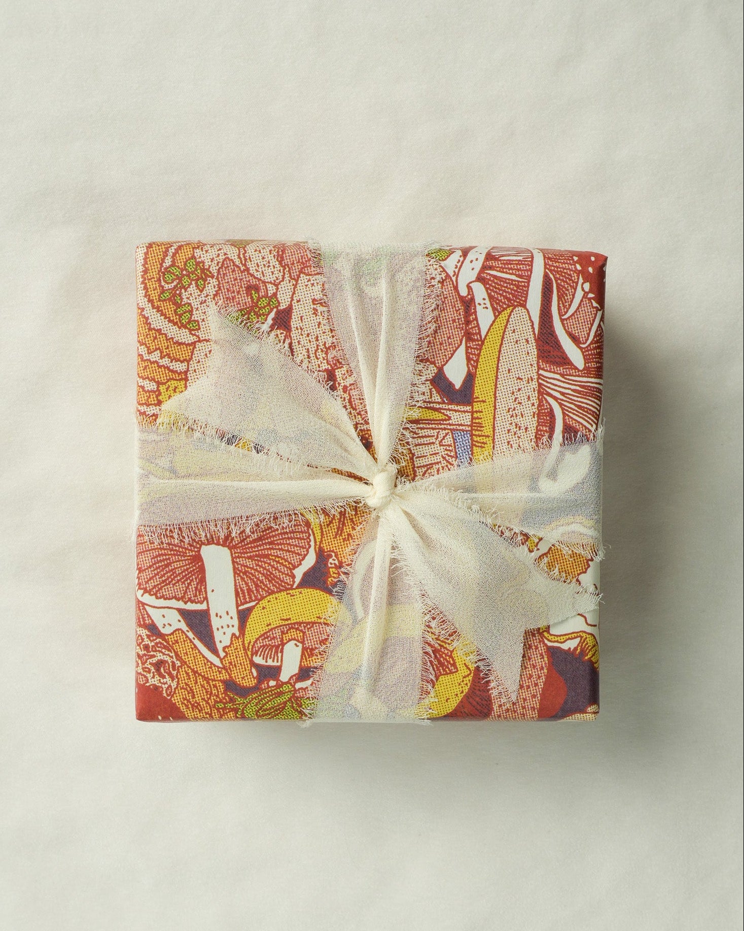 A Mod + Jo Gift Wrap box, wrapped in colorful paper with mushrooms, fruits, and leaves, and tied with a white sheer ribbon, rests on a plain white surface.