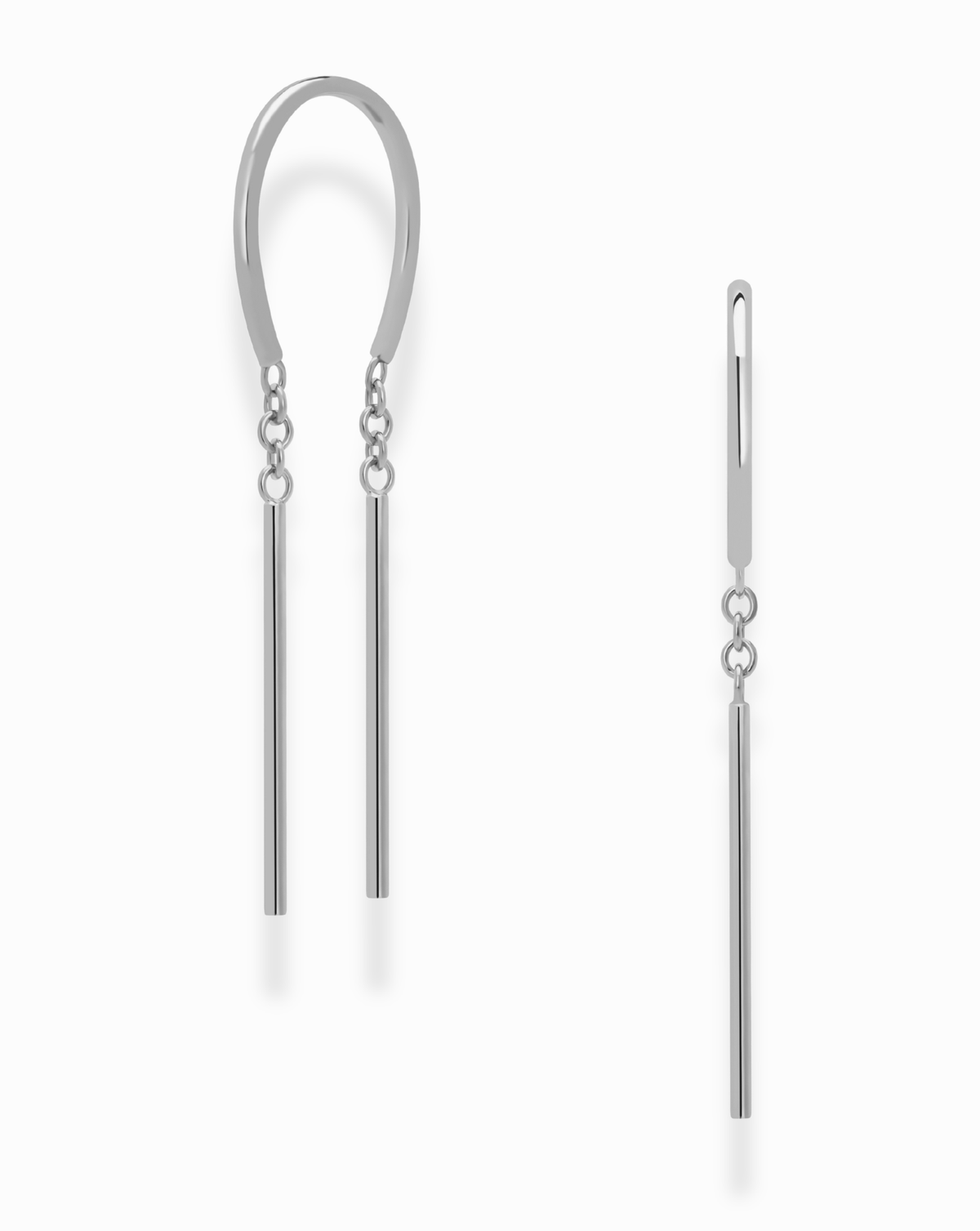 A pair of Mila Smooth Threader Huggies by Mod + Jo, minimalist silver hypoallergenic earrings with an open loop design, each featuring two thin dangling vertical bars, shown from the front and side views on a white background.