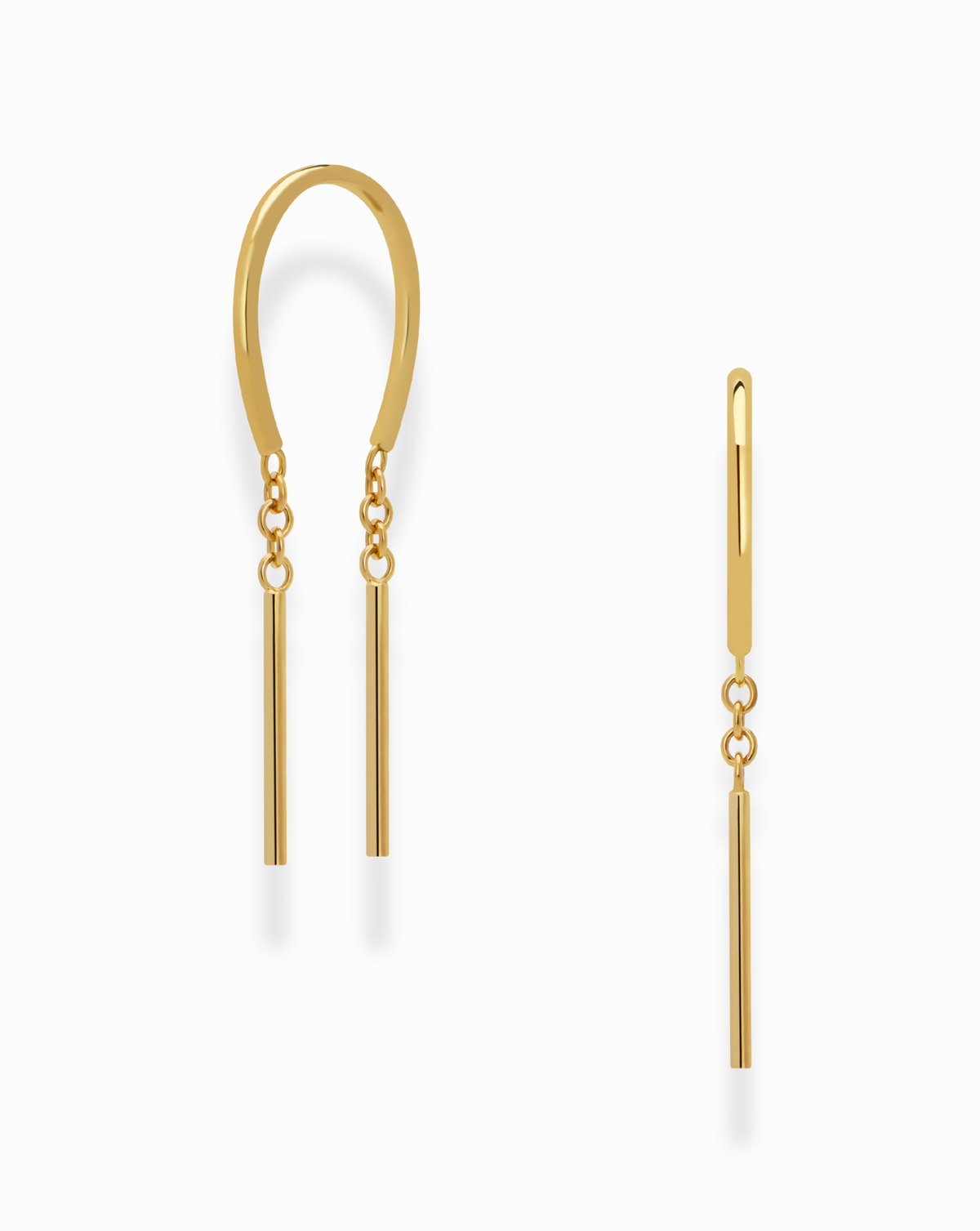 Two Mila Smooth Threader Huggies by Mod + Jo: one earring shown from the front, featuring a curved 14k gold plate loop with two delicate hanging bars, and the other displayed side-on to showcase its slim, nickel-free profile and elegant bar details—both set against a clean white background.