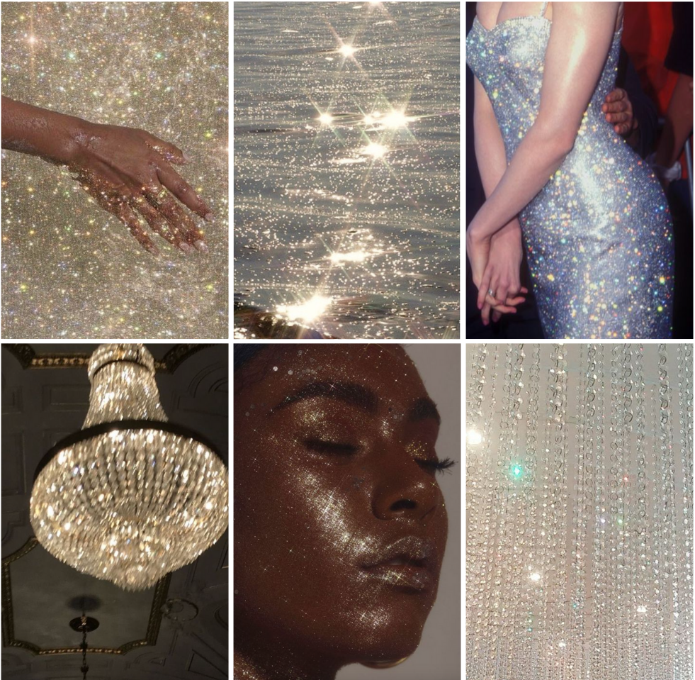 A collage of six sparkling images: a glittered hand, sunlight shimmering on water, a person in a glittery dress, a crystal chandelier, a face with glittery makeup, and close-up of hanging crystals.
