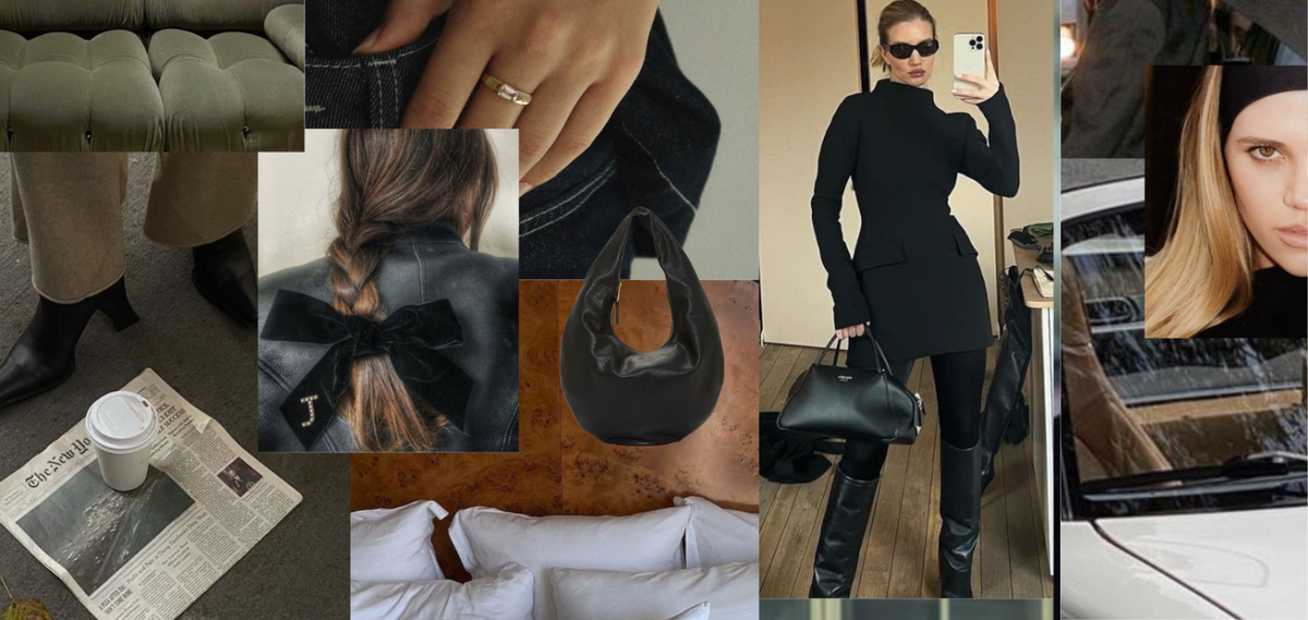 A mood board featuring black fashion items, including boots, a handbag, and a tailored coat, along with a coffee cup on a newspaper, a braid with a black bow, a bed with white sheets, and a selfie of a woman in chic attire.