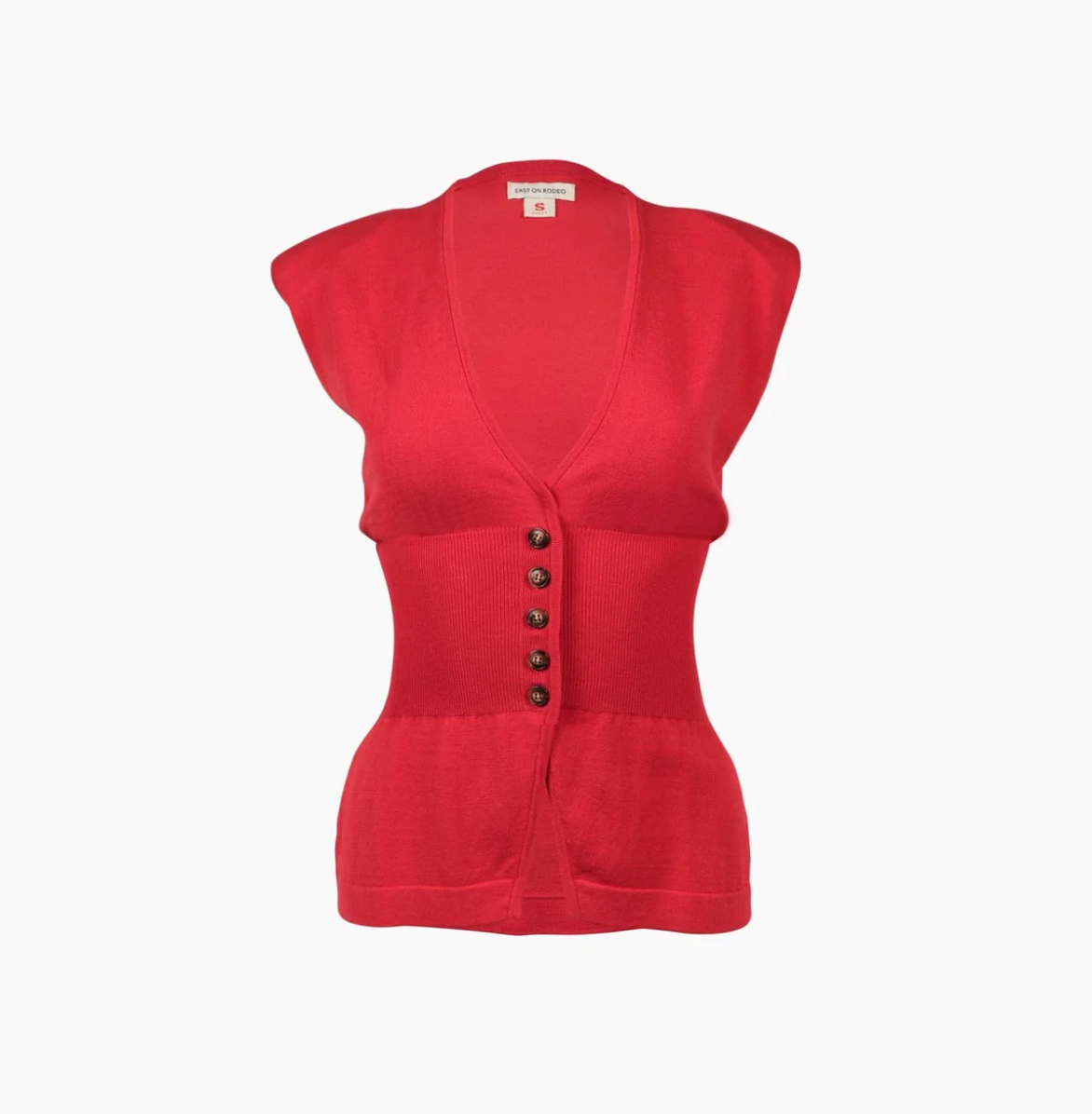 A sleeveless red cardigan vest with a deep V-neck, ribbed waistband, and five brown buttons down the front, displayed on a plain white background.