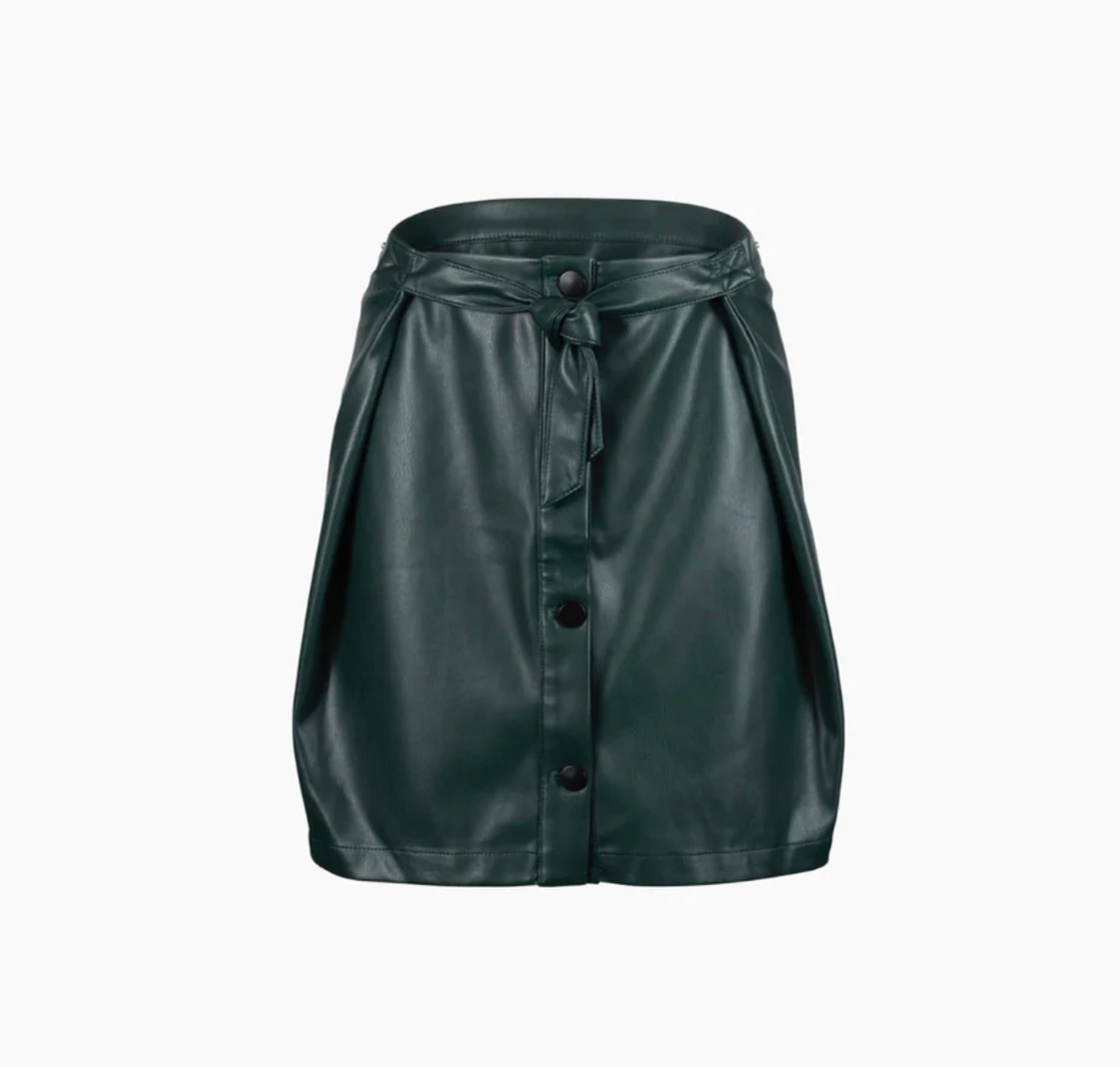 A dark green faux leather skirt with front buttons, a tied belt at the waist, and side pockets, displayed on a plain white background.