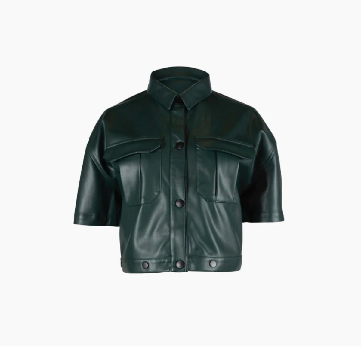 A dark green, short-sleeve, faux leather jacket with front buttons, two large chest pockets with flaps, and a classic collar, displayed against a plain white background.