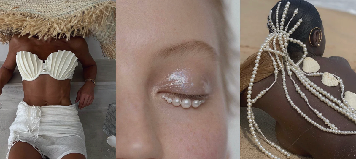 Three images: a person wearing a large straw hat and a shell bikini top; a close-up of an eye with pearl decorations on the eyelid; a person lying on sand, adorned with pearl strands and shells in their hair.