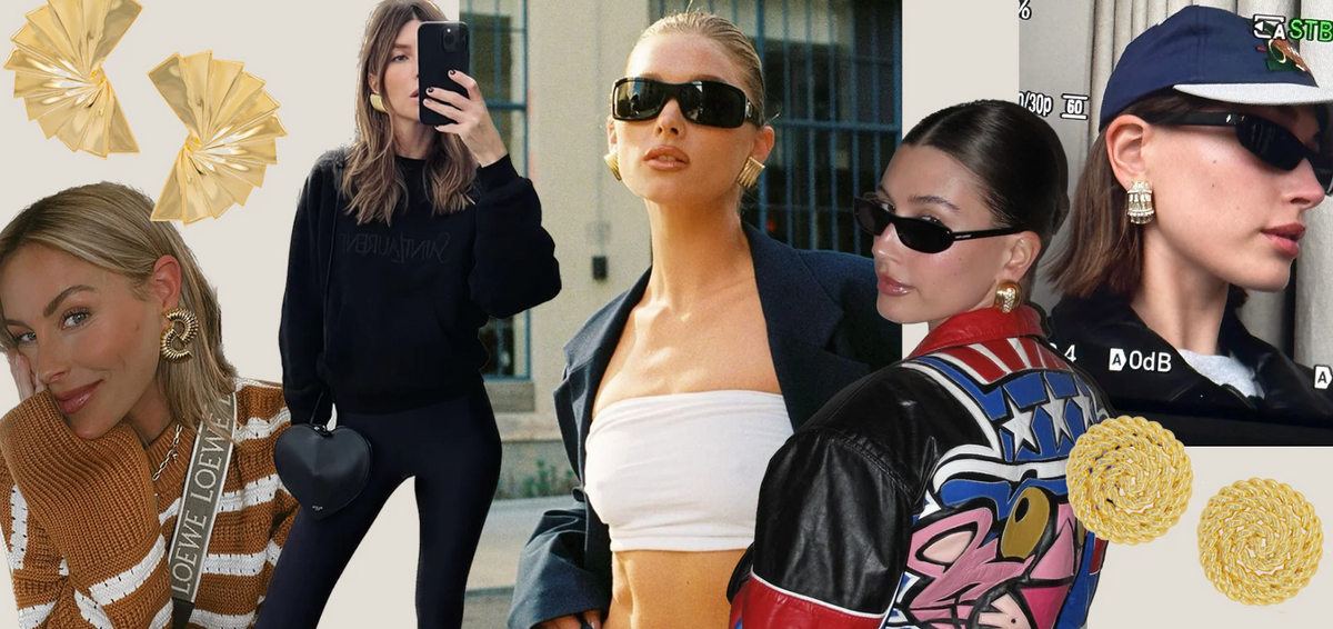 A collage of five stylish women wearing statement earrings and trendy outfits, including sunglasses, jackets, and sweaters, set against a neutral background with two pairs of bold gold earrings displayed.