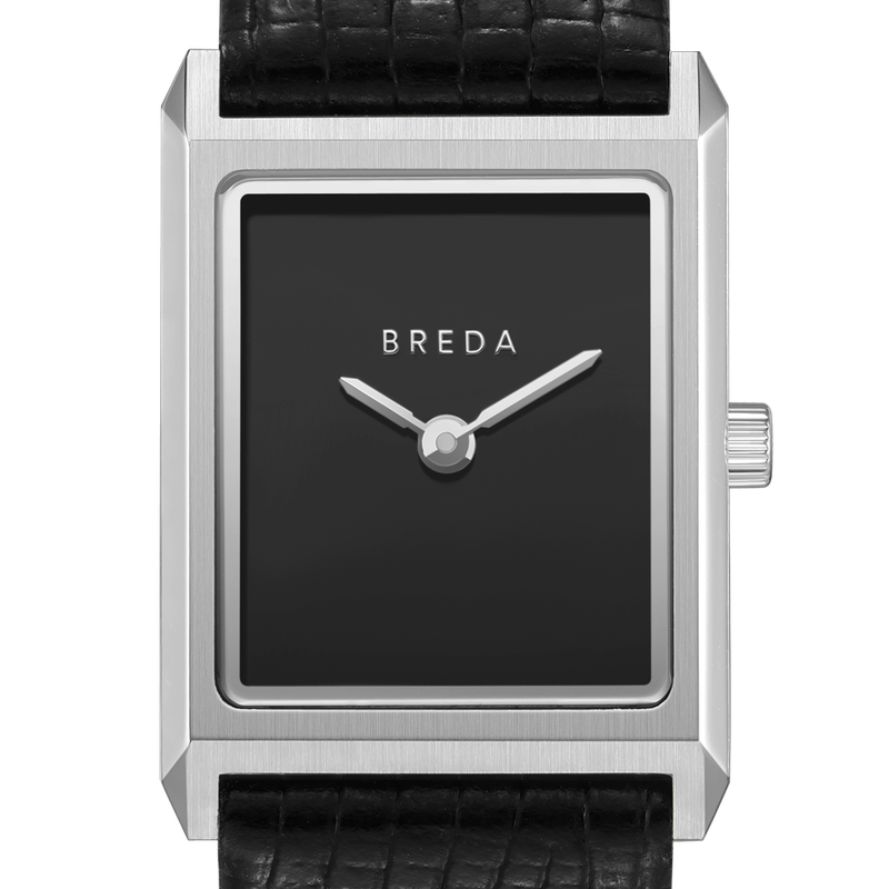 The Virgil Watch Small (Lizard Embossed) by Breda features a slim stainless steel case, rectangular black dial with silver hands and Breda logo, and a black lizard-embossed leather band for a refined vintage style.
