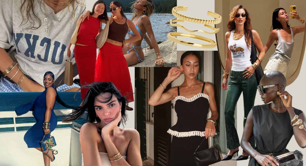 A collage of women in stylish outfits and gold jewelry, including rings, bracelets, and necklaces, posing in various settings such as outdoors, by water, and indoors, showcasing fashionable trends and accessories.