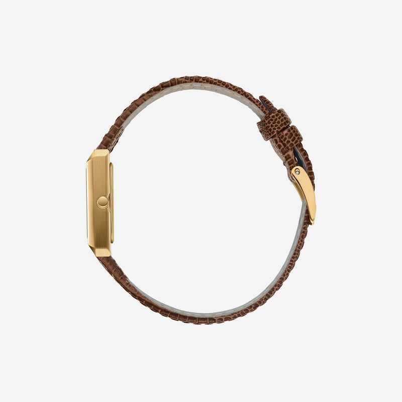 The Virgil Watch Small (Lizard Embossed) by Breda features a brown textured leather band and a rectangular 18K gold-plated case, shown from the side to highlight its slim profile and elegant design against a plain white background.