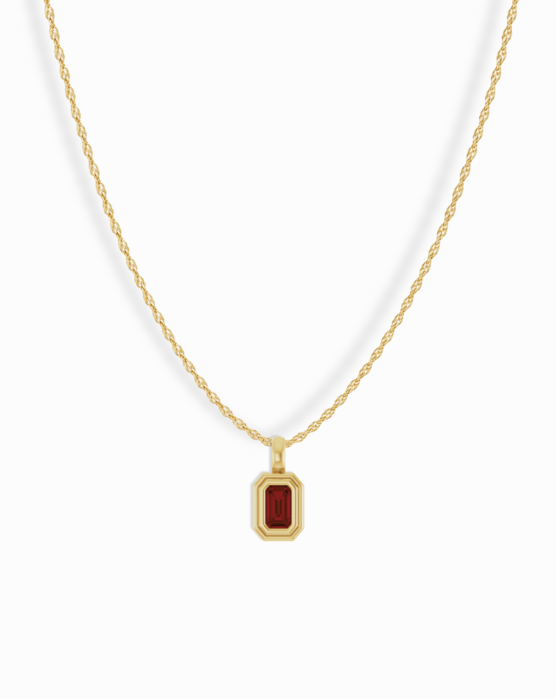 14k Birthstone Pendant Necklace featuring a gold rope chain and a rectangular pendant with a red gemstone.