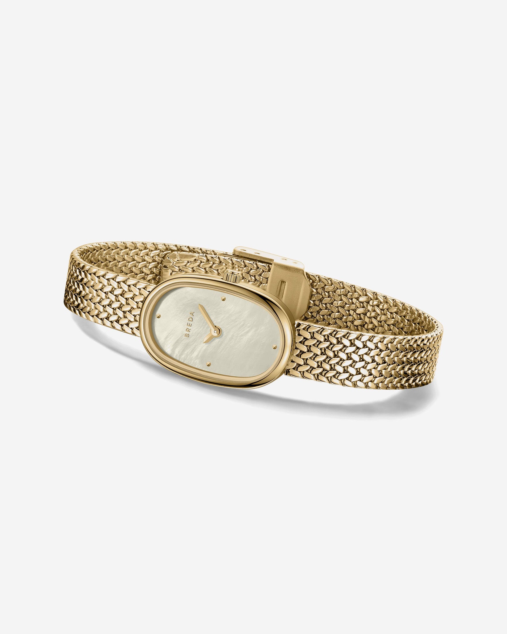 Gold watch with mesh bracelet on a white background