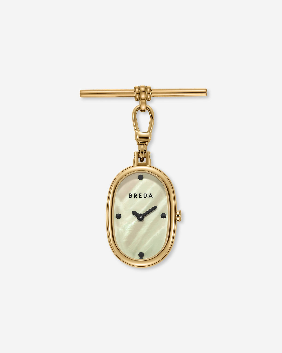 Here’s a rewritten sentence using the provided product data: The Jane Time Charm by BREDA is an oval gold-plated timepiece featuring a mother-of-pearl dial, black hour markers, black hands, and a distinctive gold bar-and-ring clasp at the top, displayed on a plain white background.