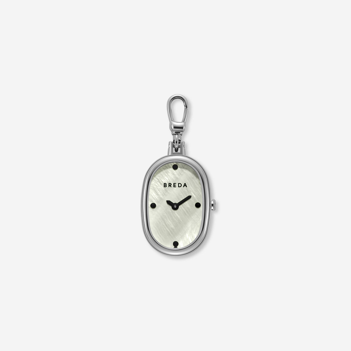 The Jane Time Charm by BREDA is an oval-shaped silver watch pendant featuring a light, textured face reminiscent of mother of pearl, black hour markers, and a sleek silver clasp at the top. This elegant and versatile jewelry piece by Breda is beautifully displayed against a plain white background.