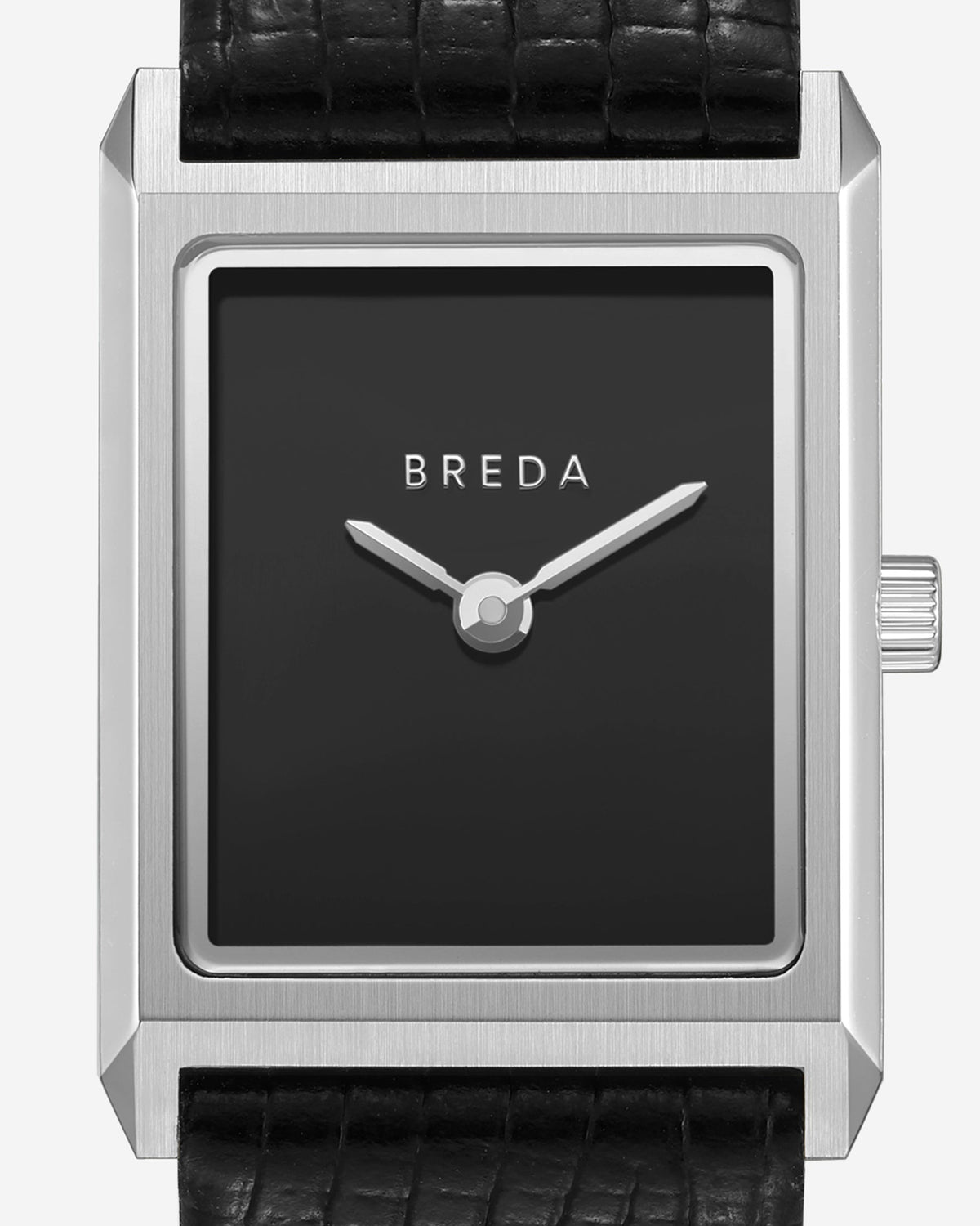 The Virgil Watch Small (Lizard Embossed) by BREDA is a stainless steel rectangular watch with a black dial and a genuine leather band embossed with a lizard texture.