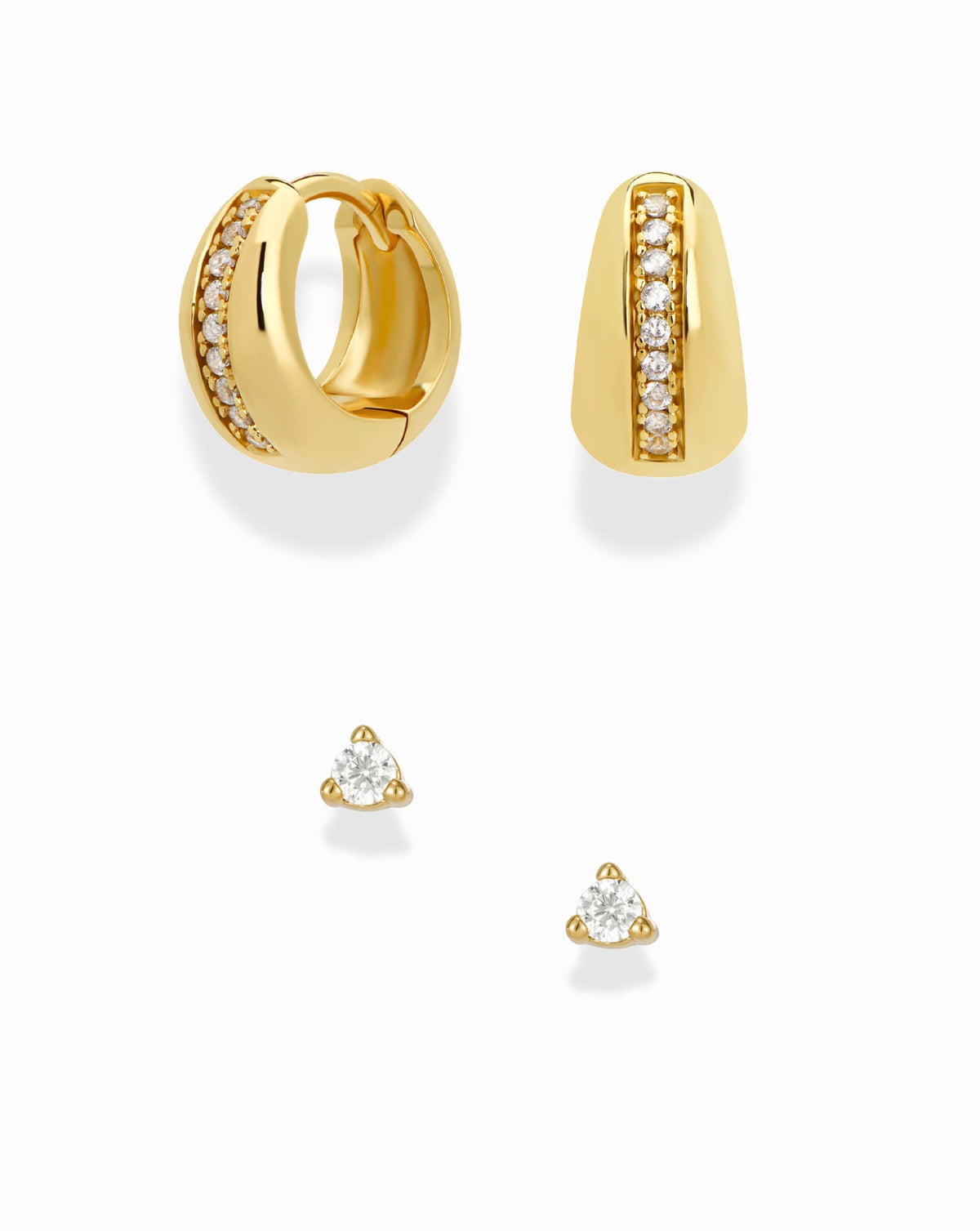 Brianne + Ace Set featuring Brianne Hoops with a center row of pavé stones paired with gold triangular stud earrings, each set with a single center stone.
