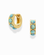 The Mod + Jo Brielle Opal Huggies are gold hoop earrings, each 10.5mm in size, featuring three vertically set oval opal stones. Displayed on a white background, one earring shows the side view and the other the front.