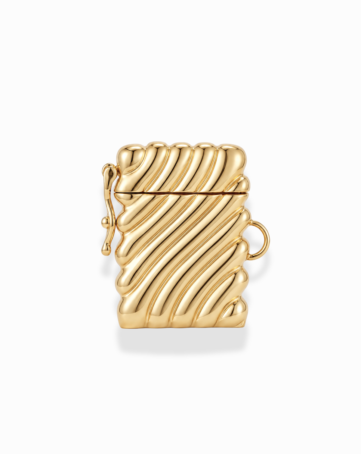 Gold-toned rectangular Caspia Vesta Case Charm with a diagonal ribbed pattern and a small side loop.