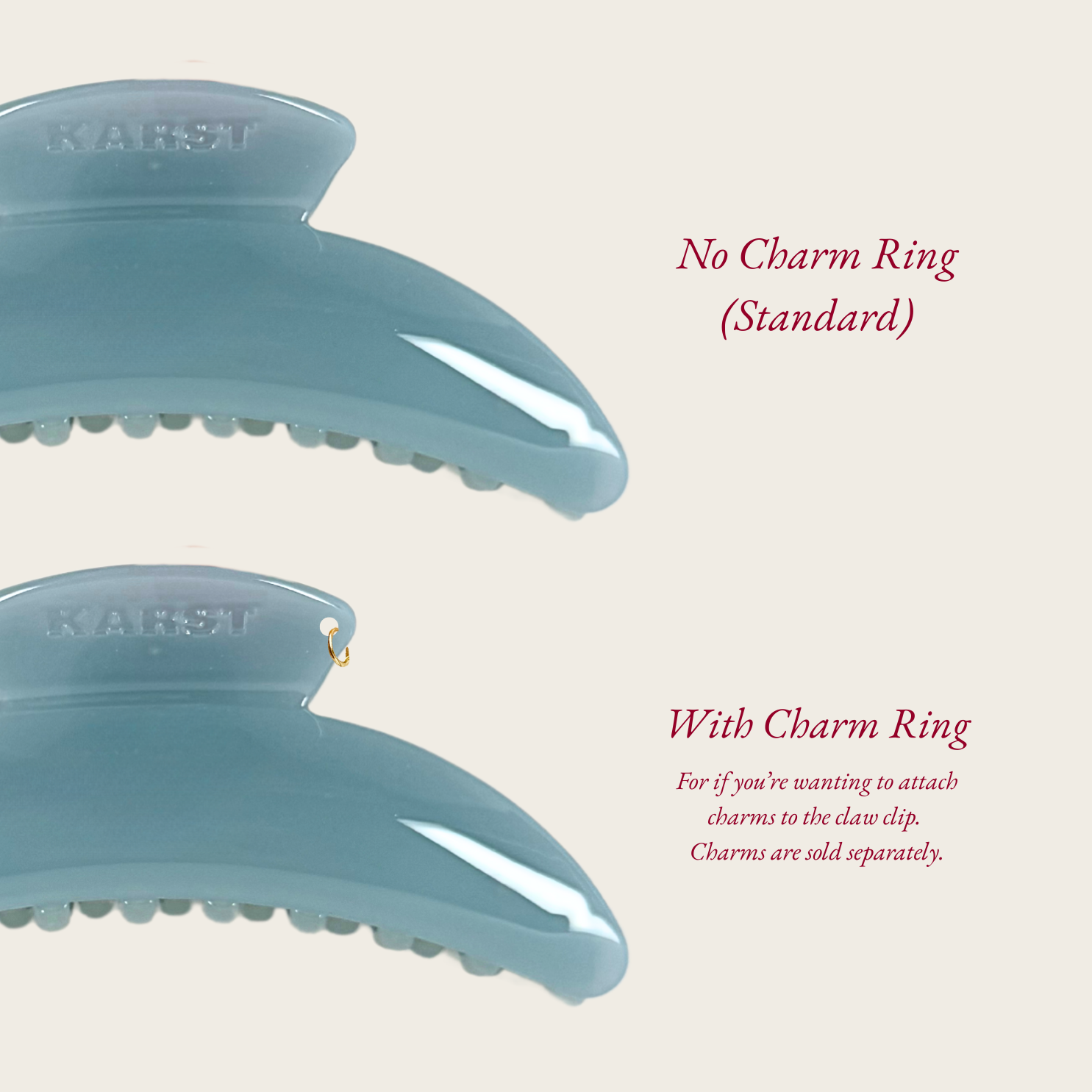 Two blue Karst Essentials Slim Hair Claw Clips — Mist are displayed. The top sky blue clip has no charm ring; the bottom features a small gold charm ring for adding charms, sold separately. Text highlights this difference.