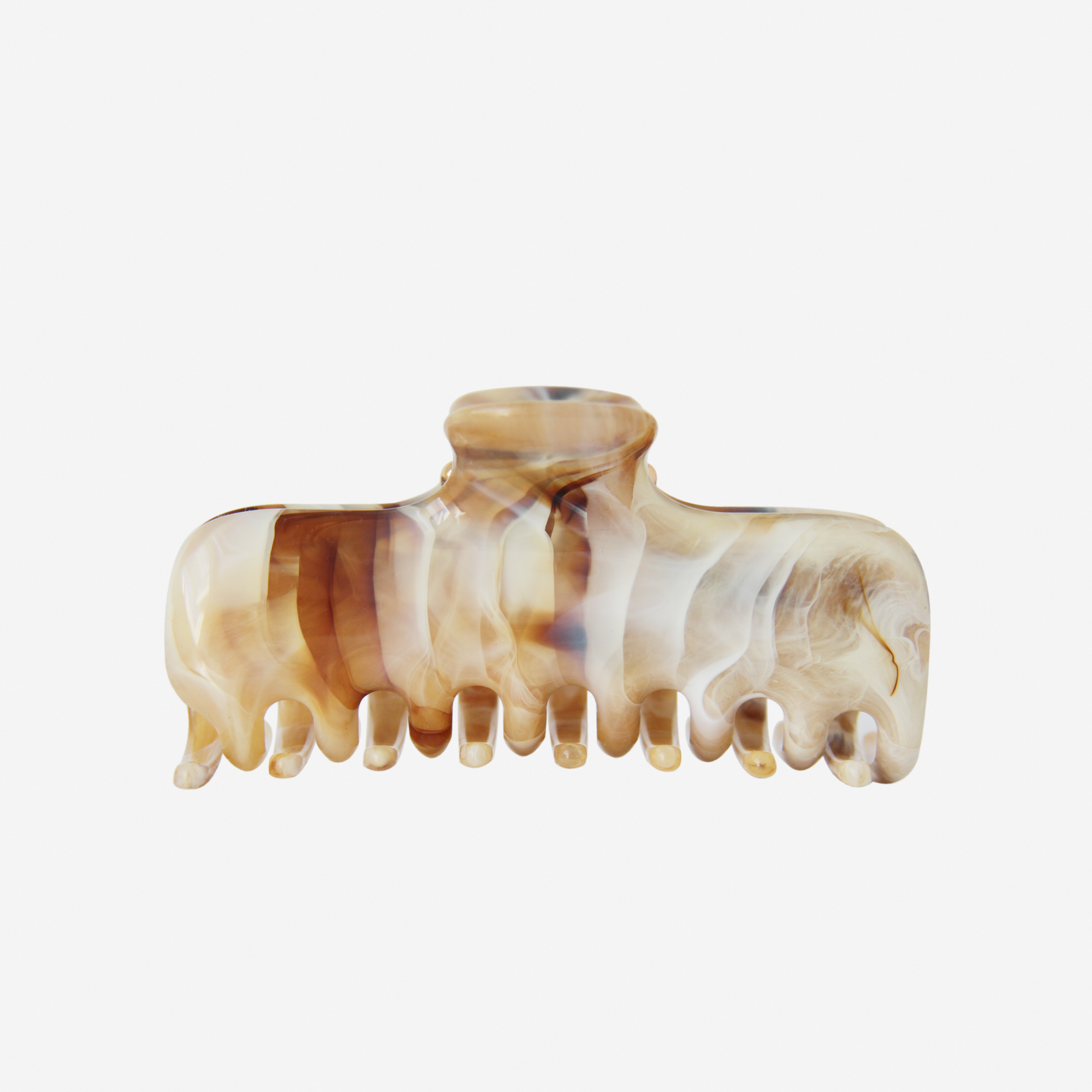 The BRAID & BOW Large Caramel Swirl Hair Claw, featuring wide teeth and a marbled caramel design, is displayed against a plain white background and offers a secure hold for all hair types.