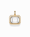 The Elsie Sapphire Bezel Charm by Mod + Jo features a rectangular, emerald cut lab-grown white sapphire set in a 14k gold bezel with a gold bail, showcased on a white background.