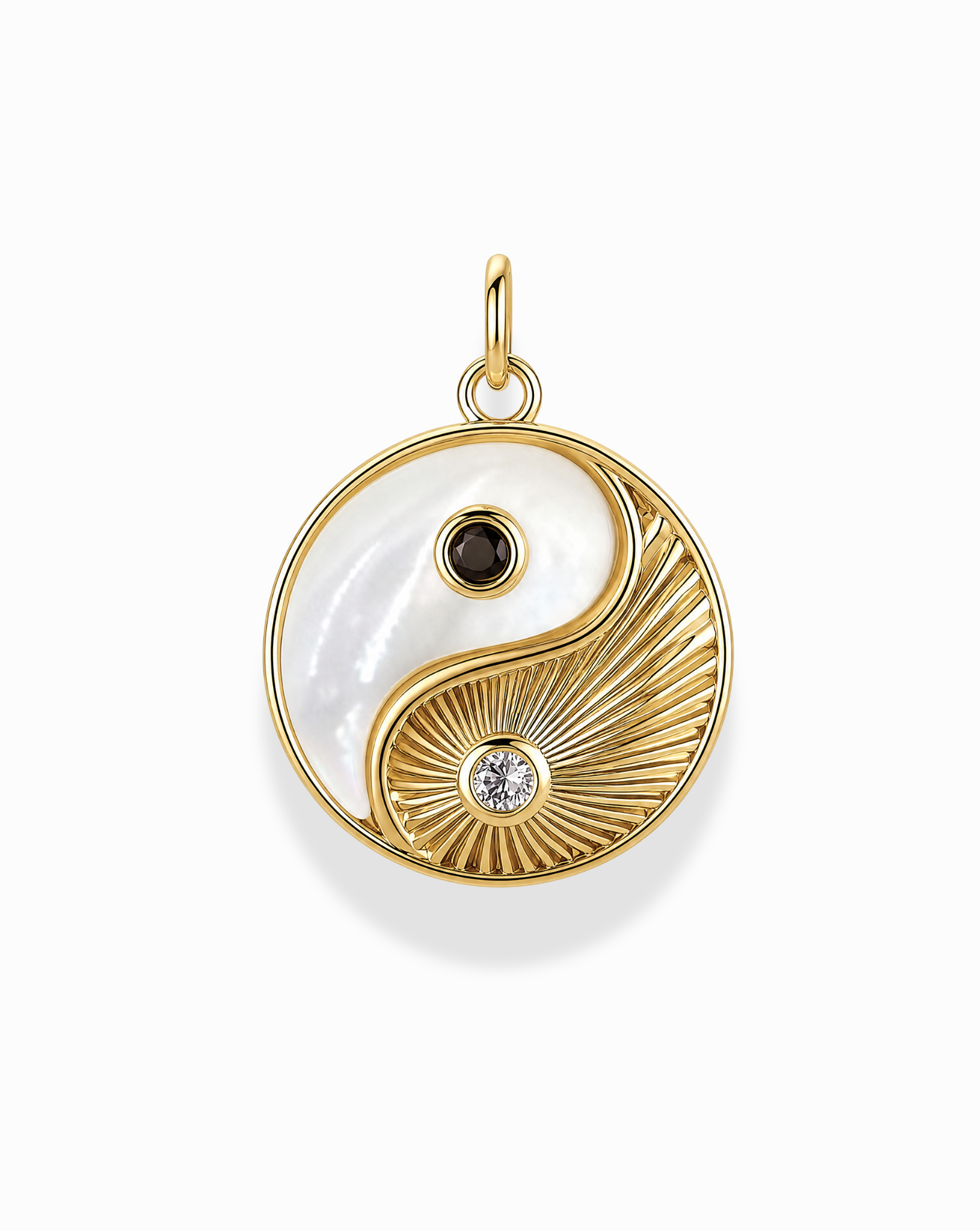 Introducing the Grande Ava Yin Yang Charm by Mod + Jo—a stunning 14k gold round pendant displaying a stylish yin-yang design in white and textured gold. Each half is adorned with a small black stone and a clear stone, effortlessly merging classic symbolism with modern elegance. This charm is an ideal statement piece or the perfect addition to your favorite mother-of-pearl necklace.