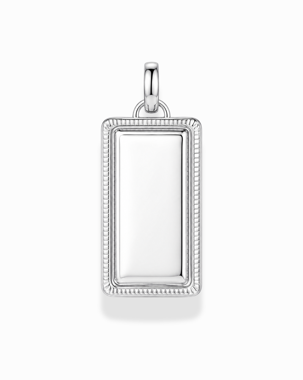 Hattie Engravable Charm: a rectangular silver plate pendant with a beaded border and a plain center for engraving.