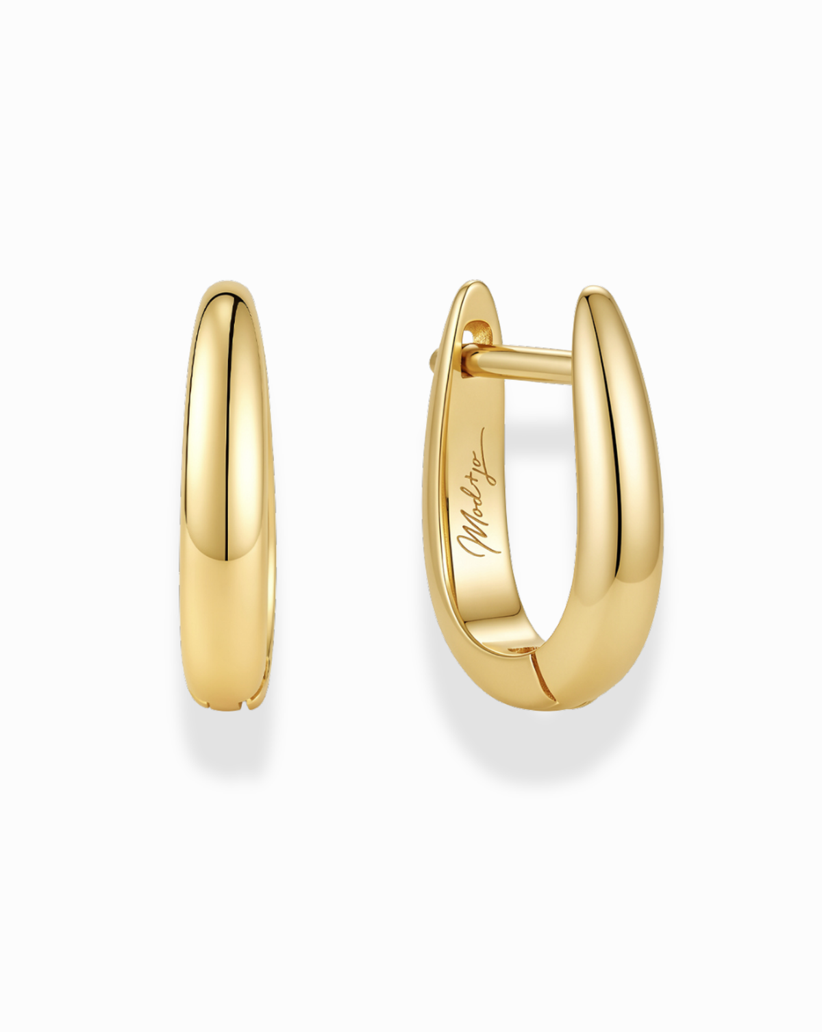 Jules Smooth Huggies, a pair of polished 14k gold plated huggie hoop earrings.