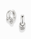 The Mod + Jo Grande Levi Huggies are a pair of shiny silver, rhodium plated statement earrings, each featuring three small interlocking rings at the bottom. Displayed on a plain white background, these modern huggie earrings add a touch of elegance to any look.